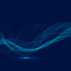 Abstract technology digital lighting futuristic glowing blue light lines wave pattern on dark background.