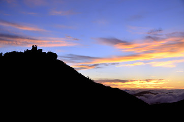 Trekkers waiting for the sunrise at the mountain peak, Mt.Kinpu, Japan