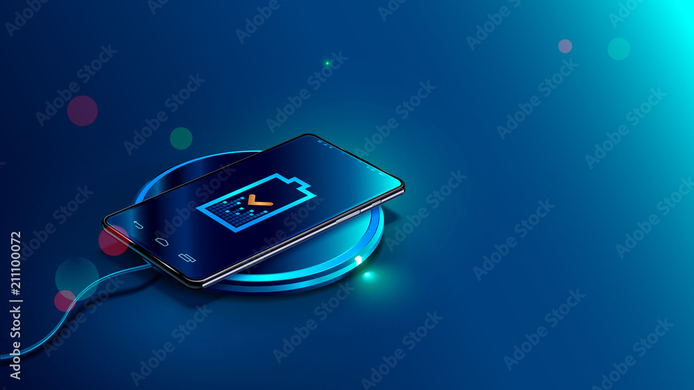 Poster black smart phone on wireless charging device on blue background. icon battery and charging progress