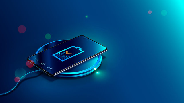 Black smart phone on wireless charging device on blue background. Icon battery and charging progress lighting on screen smart phone. Isometric vector illustration.