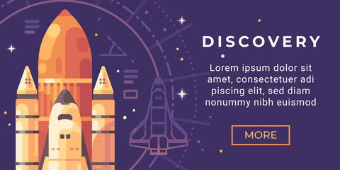 Space exploration banner flat illustration. Space discovery banner with a shuttle background.