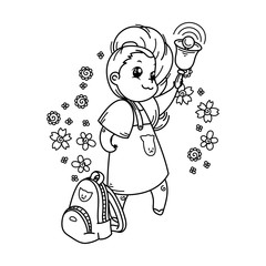 Cute girl is ringing the School Bell. For books, prints, posters, cards.