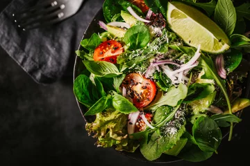 Gordijnen Detox tasty salad on dark table © nerudol