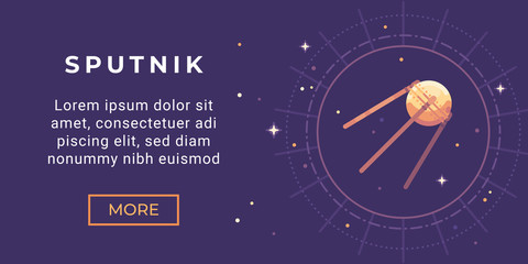 Space exploration banner flat illustration. Astronomy banner with Sputnik satellite. - obrazy, fototapety, plakaty