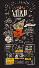 Pizza restaurant menu. Italian food flyer for bar and cafe. Design template with vintage hand-drawn illustrations.
