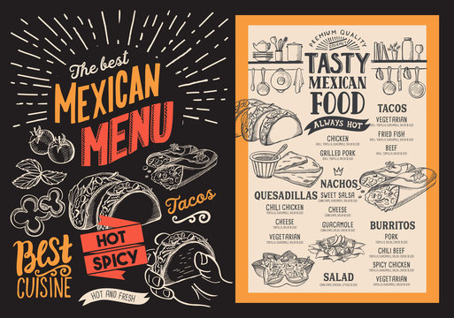 Mexican menu for restaurant. Vector food flyer for bar and cafe. Design template with vintage hand-drawn illustrations.