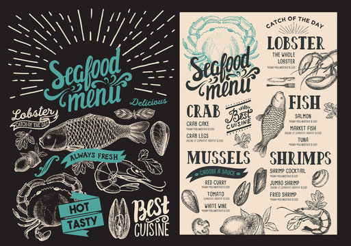 Seafood menu for restaurant on blackboard background. Vector food flyer for bar and cafe. Design template with vintage hand-drawn illustrations.