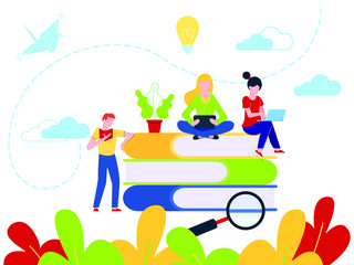 Education concept of online tutorial training courses, web education or video courses flat style design vector illustration. Student studying with online tutorials, books and devices isolated on white