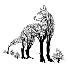 Obraz premium Tajemniczy agresywny wilk spojrzeć wstecz sylwetka podwójna mieszanka ekspozycji drzewo rysunek tatuaż wektor z białym na białym tle