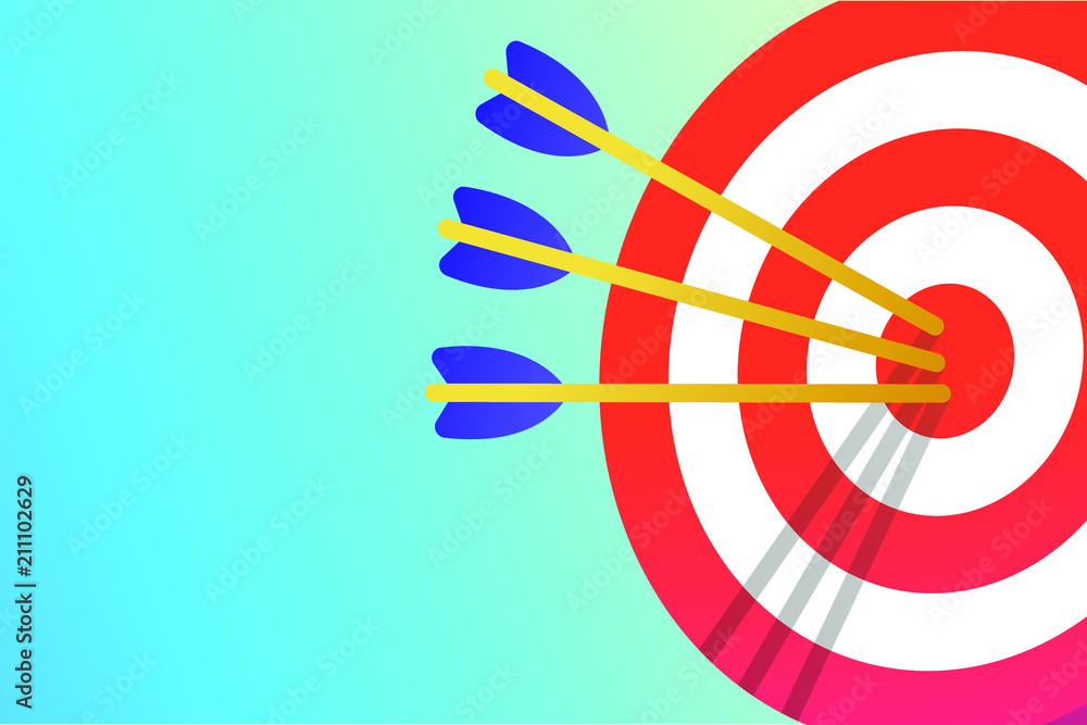 Poster red white target with arrows in the bullseye with shadows on it. goal achieving symbol icon sign vec