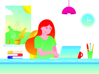 Freelance female girl businesswoman relaxing working on laptop at the home office. Woman, notebook, desk, books, pen, pencil, lamp, cup of coffee, window, clock flat style gradient version vector.
