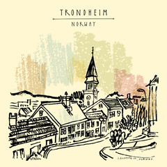 Trondheim, Norway, wooden houses and a church. Hand drawn vntage touristic postcard