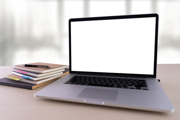 Laptop with blank screen on table. Workspace background new project on laptop computer with blank copy space screen for your advertising text message