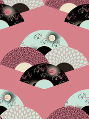 asian style seamless pattern with decorated fans in pink shades
