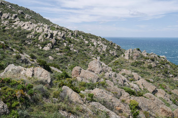 Beautiful coastal pathway with amazing sea view, Port Vendres coastline footpath and landscape, south of France, mediterranean scrub landscape