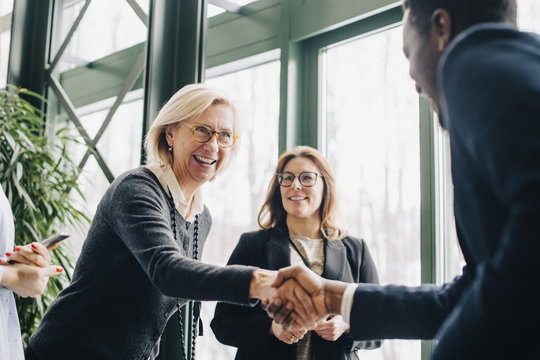 Business people shaking hands in lobby