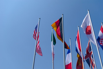 National flags: Flag of the United States, Flag of Germany, Flag of Italy, Union Jack, Flag of Japan