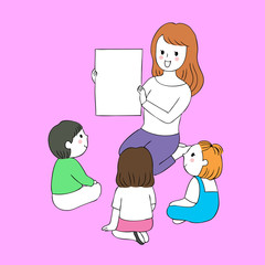 Cartoon cute preschool teacher and students talking vector.