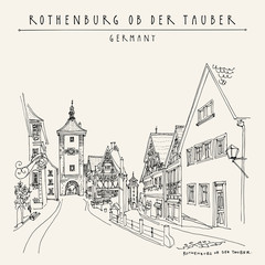 Rothenburg ob der Tauber, Germany tavel sketch. Vintage hand drawn postcard