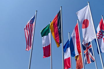 National flags: Flag of the United States, Flag of Germany, Flag of Italy, Union Jack, Flag of Japan
