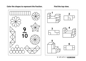 Two visual math puzzles and coloring pages. Color the shapes to represent the fraction. Find the top view. Black and white. Answers included.
