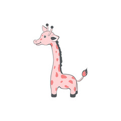 Cute cartoon pink giraffe, wild african kid animal vector illustration isolated on white background, decorative colorful mammal for character design, mascot, zoo alphabet, greeting card, invitation