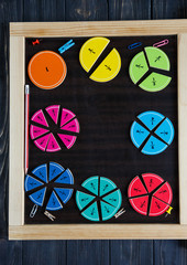 colorful fractions in mathematics on the chalkboard. interesting math for kids. education, back to...