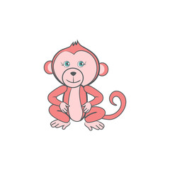 Cute cartoon pink monkey, wild kid animal vector funny illustration isolated on white background, decorative mammal sitting for character design, mascot, zoo alphabet, baby shower, greeting card