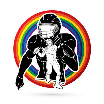 American football player, Sportsman action, sport concept designed on rainbows background graphic vector.