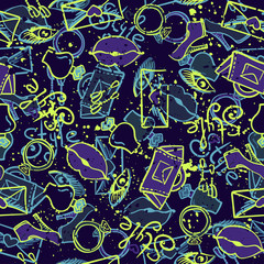 Abstract seamless vector pattern for girls clothes. Creative background with shoes, lipstick, perfume, lips. Funny wallpaper for textile and fabric. Fashion style. Colorful bright