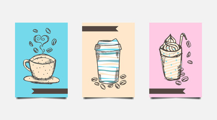 Coffee cup and glass doodle drawing with coffee beans, abstract pattern and long label on color background vector illustration