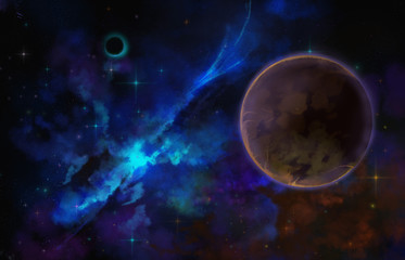 Obraz na płótnie Canvas illustration of space theme, horizontal image of space. Color, Blue, Background, Graphics, Illustration, Space, Sky, Beautiful, Bright, Art, Sun, Field, Nature, Abstract, Energy, Light, Cloud, Black, 