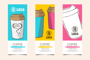 Coffee template for gift card, coupon, voucher and others with paper cup elements doodle drawing on color background vector illustration