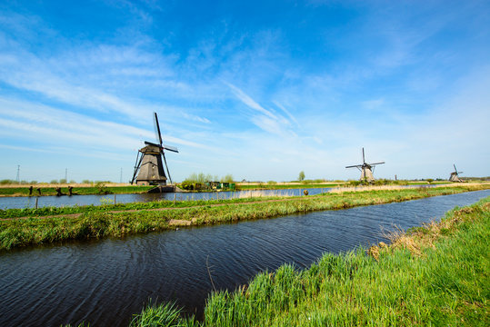 The Netherlands rural landscape with famous windmill in Kinderdi