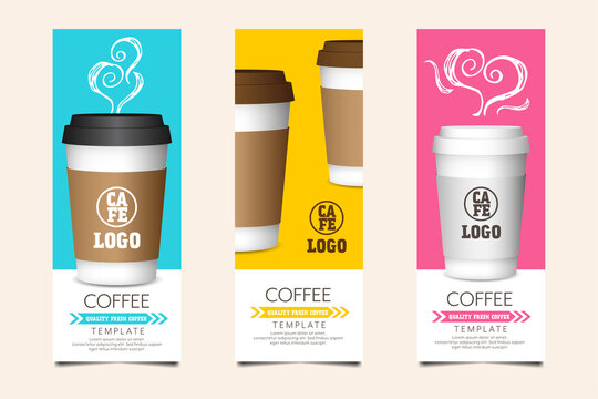 Coffee template for card, coupon, voucher with paper cup elements on color background vector illustration