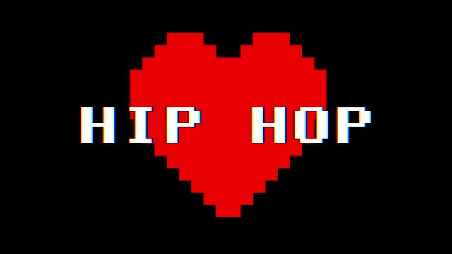 pixel heart HIP HOP word text glitch interference screen seamless loop animation background new dynamic retro vintage joyful colorful video footage