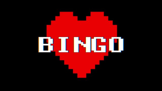 pixel heart BINGO word text glitch interference screen seamless loop animation background new dynamic retro vintage joyful colorful video footage