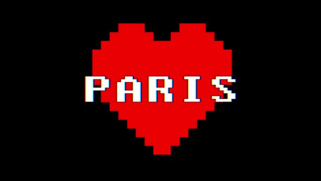 pixel heart PARIS word text glitch interference screen seamless loop animation background new dynamic retro vintage joyful colorful video footage