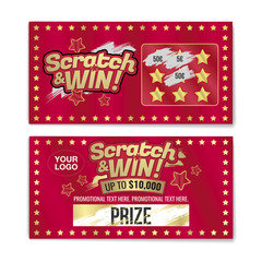 Template cards with scratch & win letters. Golden colors letters. CMYK colors. Place for prize.