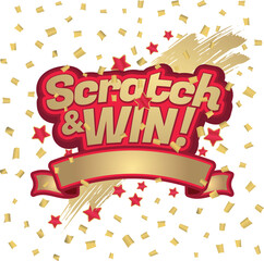 Scratch and win letters. Scratched effect background and stars. Ribbon for your text. For tickets, signs, promotion announcements, banners, poster. Golden colors letters.
