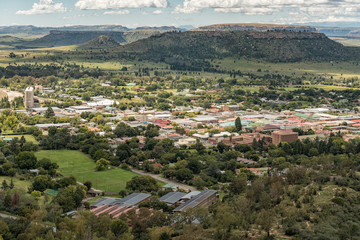 Fototapeta na wymiar Aerial view of the central business district of Ficksburg