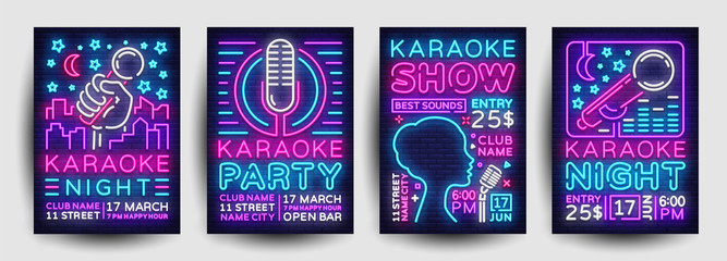 Karaoke party poster collection neon vector. Karaoke night design template, bright neon brochure, modern trend design, light banner, typography invitation to the party, advertising postcard. Vector