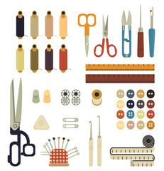 Collection of sets of Sewing equipment, dressmaking and needlework accessories icons set with needle tape measure zipper flat isolated vector illustration. Fashion clothing, sewing, clothing design.