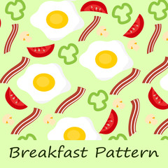 Seamless pattern of food - delicious and hearty breakfast. Fried egg a piece of bacon, sweet green peppers and tomatoes.