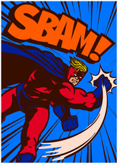 Pop art comic book vintage superhero in action throwing punch and fighting vector illustration