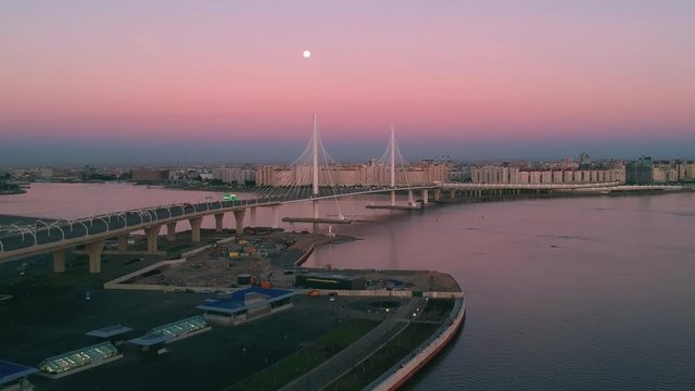 Novokrestovskaya Metro Station and Western Rapid Diameter Highway during White Nights in Saint-Petersburg from Aerial Quadcopter Drone Flight