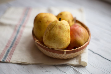 Fruit background. Fresh organic pears on old wood. Pear autumn harvest