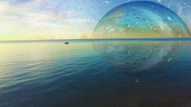 Aerial cinemagram of alien planet sea surface with static lonely fishing boat and seagulls flying over flowing water at dusk.  Elements of this work are furnished by NASA