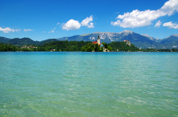 Lake Bled and mountains.