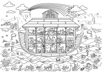 Ark of Noah with animals. Coloring the poster.